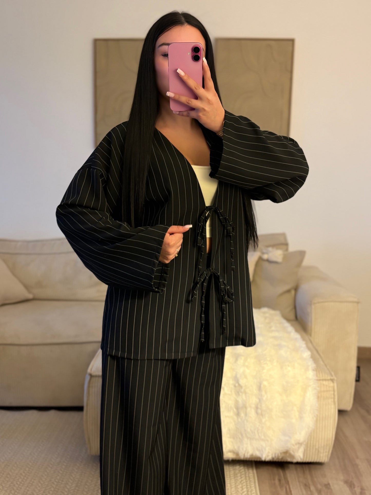 Ensemble Pantalon & Veste Kimono à Rayures – Noir