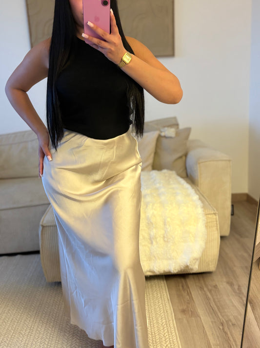 Jupe Longue Satinée – Beige Champagne